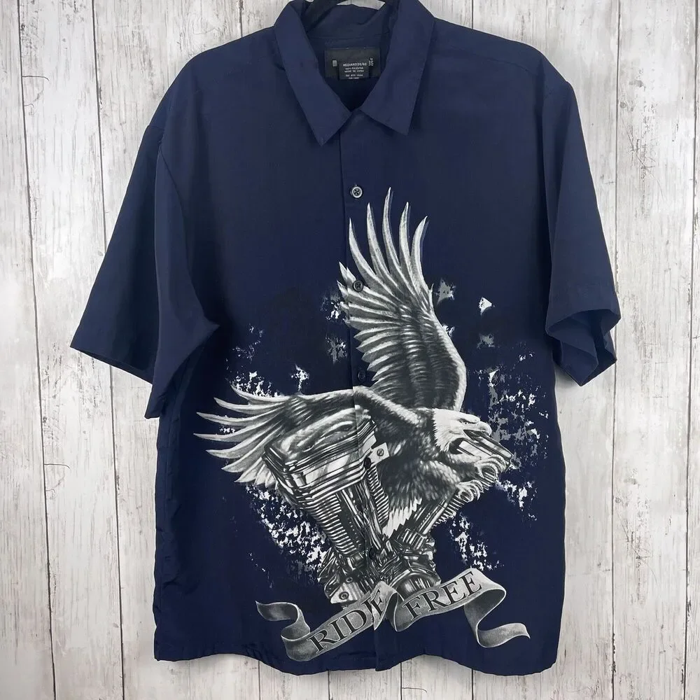 No Boundaries Shirt Men Medium Navy Blue Button Front Camp Eagle Ride Free‎